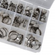 Rostfria slangklämmor i praktisk förvaringslåda för verkstad och industri