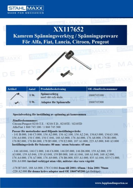 117652 Alfa och Fiat Spänningsverktyg för kamremmen