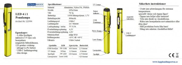 4-i-1 pennlampa specifikationer