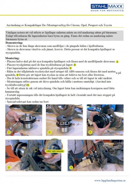 Användningsbeskrivning för byte av kompaktlagerenheten eller hjullagret på PSA, Opel, Toyota skåpbilar