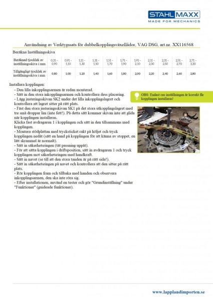 Användnings info om hur man installerar kopplingen på en DSG växellåda och beräknar inställningsskiva