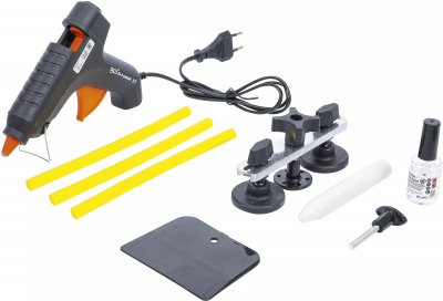 Buckla-reparationssats med varmlimpistol, limstavar, plastspakel och buckladragare.