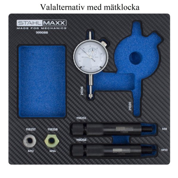 innehåll Insprutningspump ÖD-justeringsverktygssats universal med mätklocka