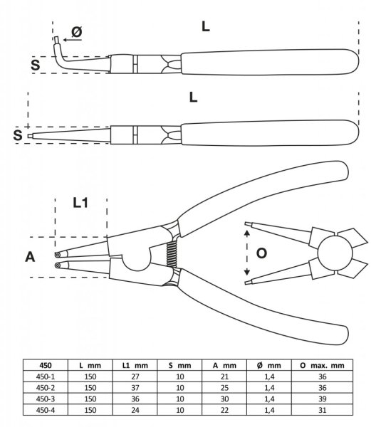 Låsringstång-sats, 150 mm, 4 delar