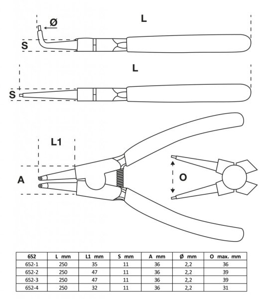 Låsringstång-sats, 250 mm, 4 delar