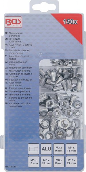 Nitmutter Sortiment 150 delar – Aluminium M3–M10 i sortimentslåda