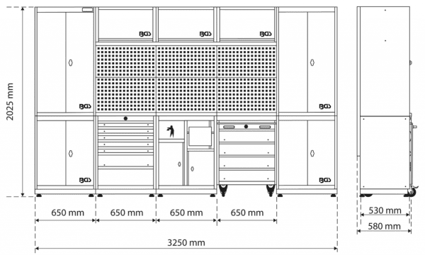 Verkstadsinredning 5 Moduler 3250 mm med Verkstadsvagn & Avfallsmodul