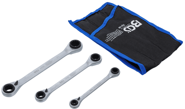Spärrringnyckelsats 4-i-1, 3 delar, 8–19 mm, 72-tand