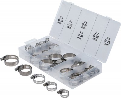Slangklämmor rostfria Ø16–38 mm – 26 delar, sortiment