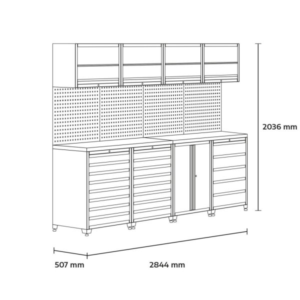 Verkstadsinredning 4 Moduler 2844 mm med Bänkskiva i Havea-trä